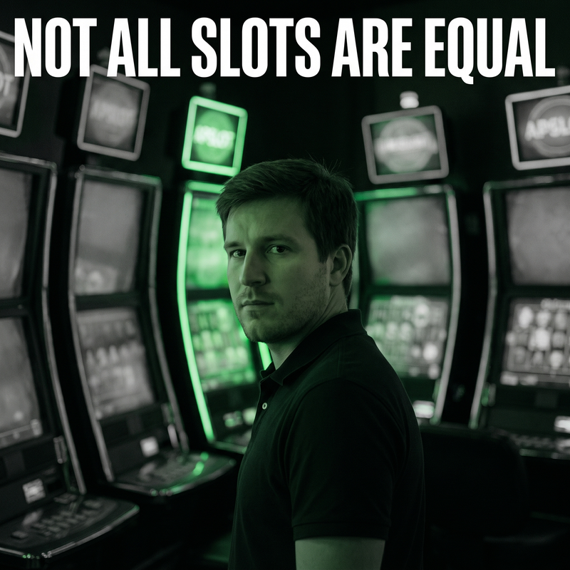 James in a row of slot machines looking back at the one machine worth playing