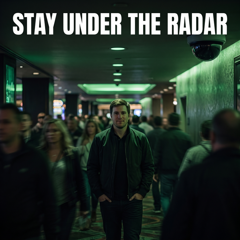 James blending into a casino crowd under a security dome camera: staying under the radar