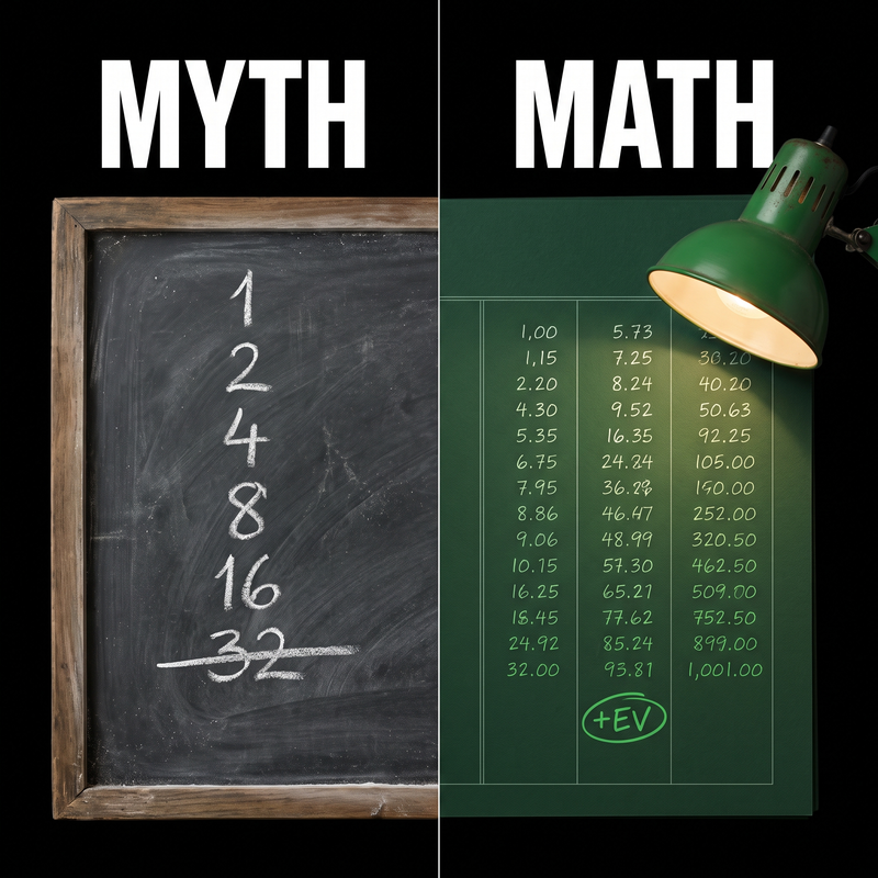 Myth vs math: a crossed-out betting progression next to a positive EV ledger