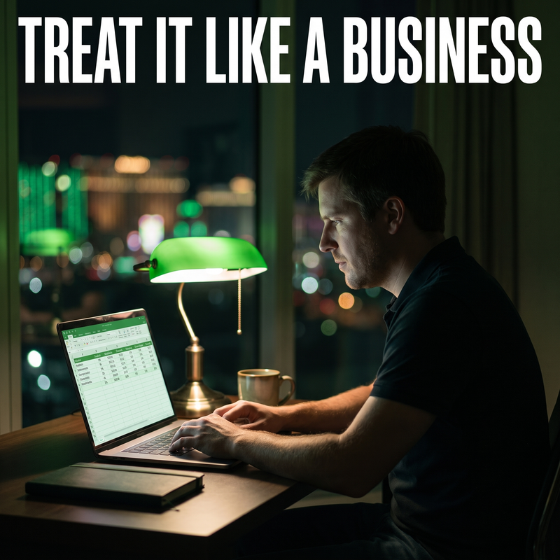 James reviewing his session results on a laptop at night: treat advantage play like a business
