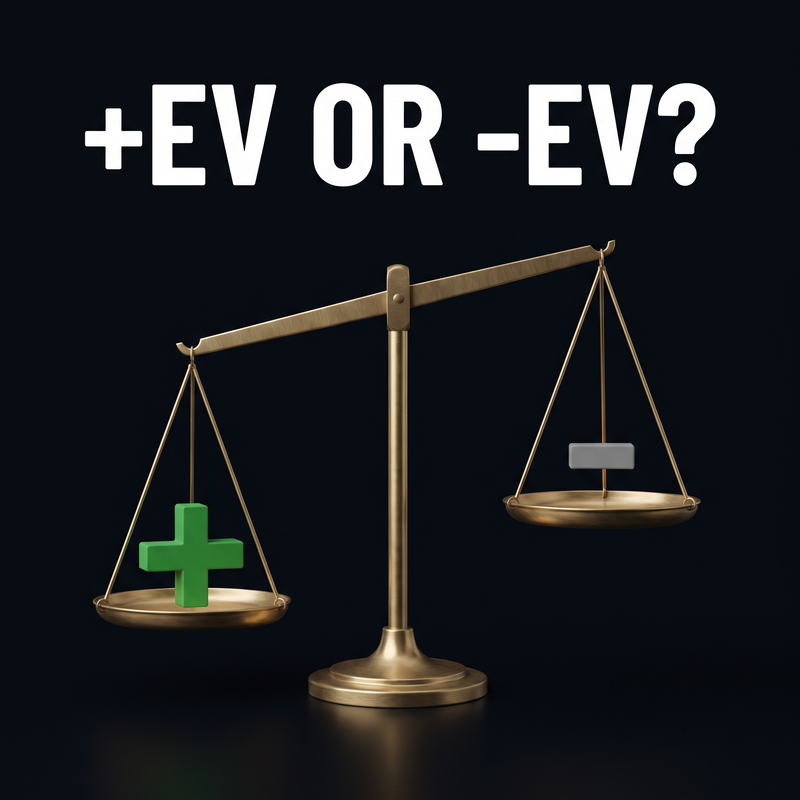 Balance scale tipping toward a green plus sign: positive vs negative expected value