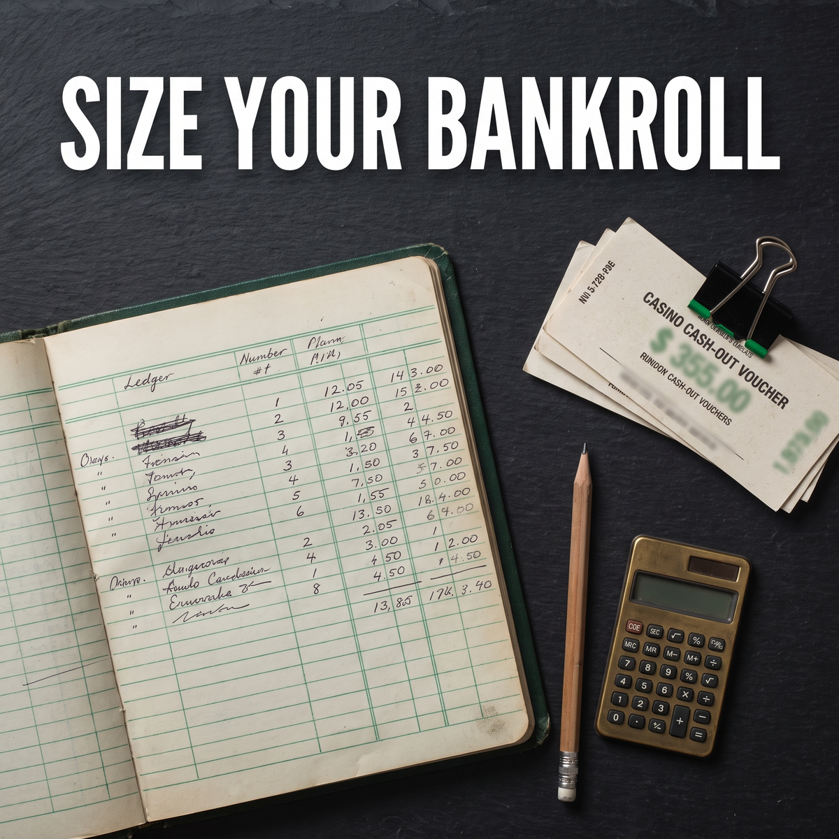 Notebook bankroll ledger with cash-out vouchers and a calculator, headline Size your bankroll