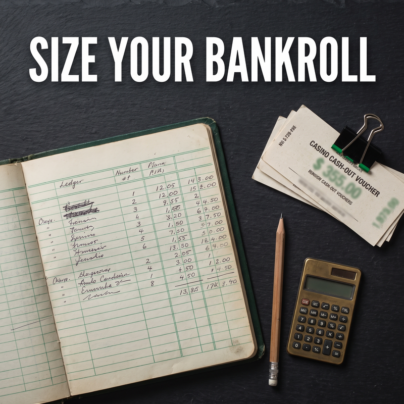 Notebook bankroll ledger with cash-out vouchers and a calculator, headline Size your bankroll