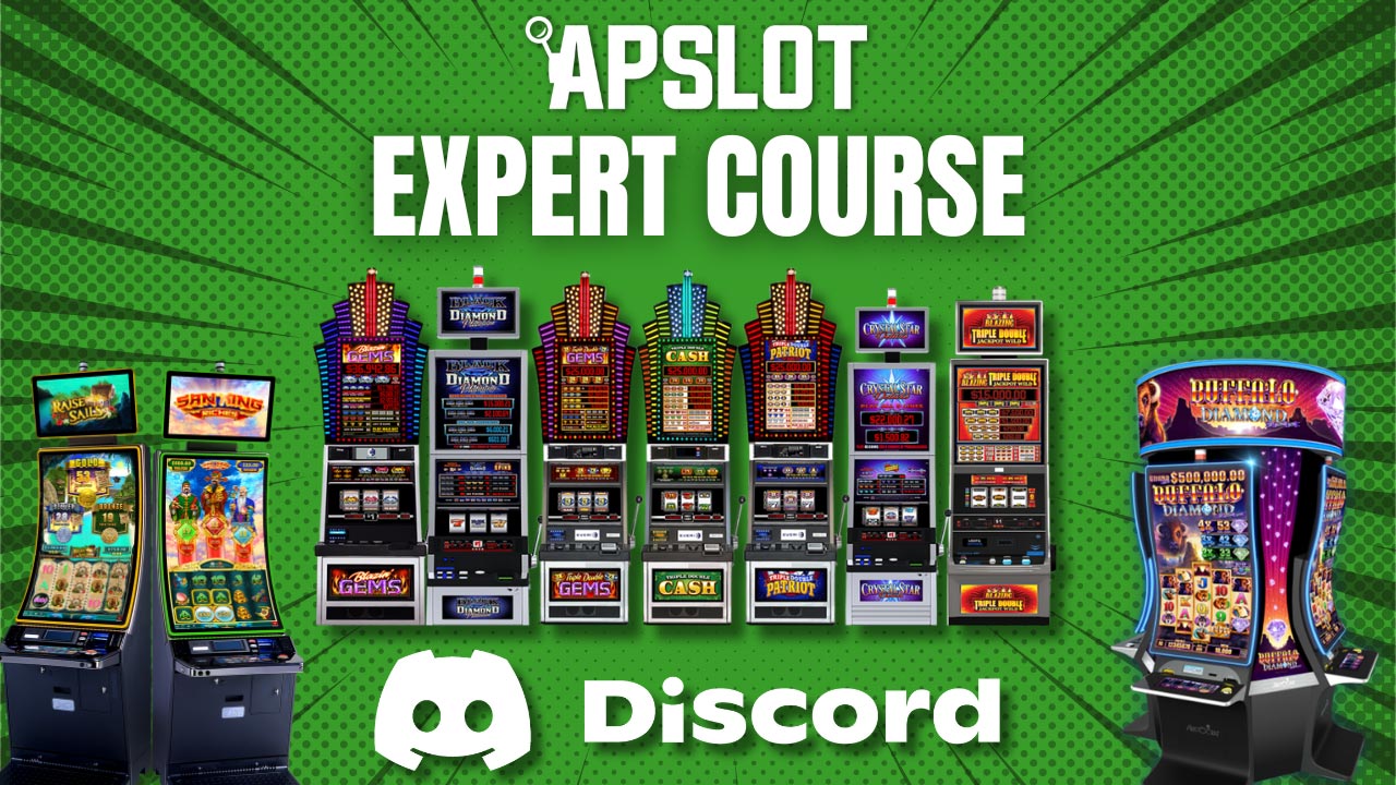Promotional graphic for Apslot Expert Course on Discord with slot machine graphics.