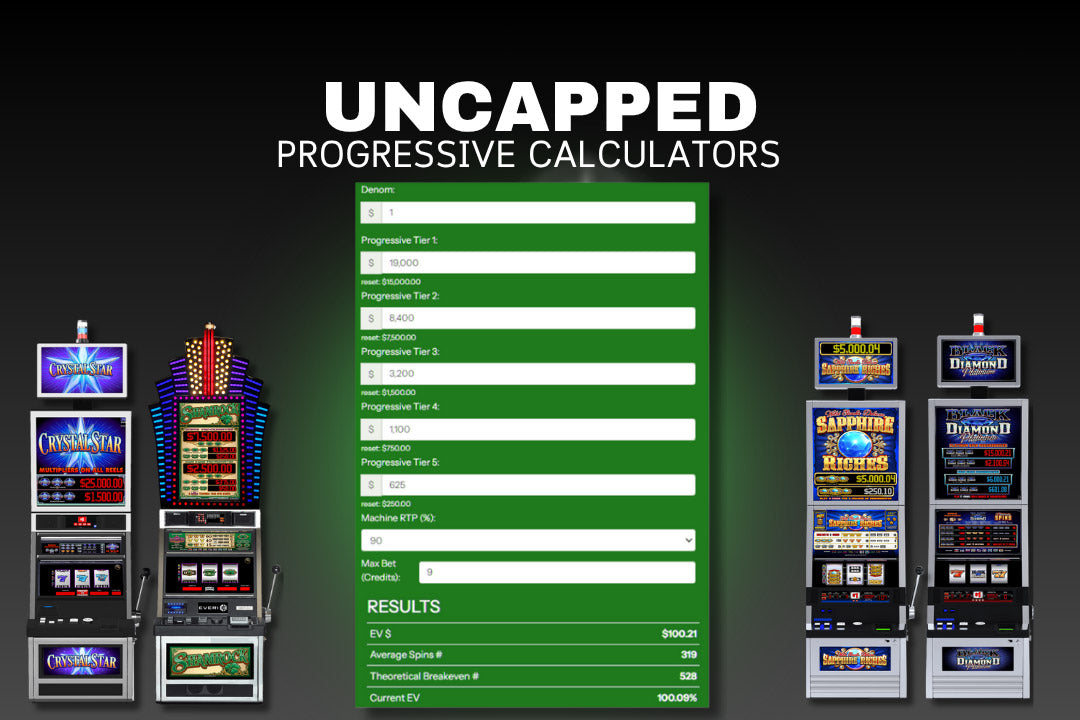 Uncapped Progressive Calculators software interface with slot machine graphics on a dark background