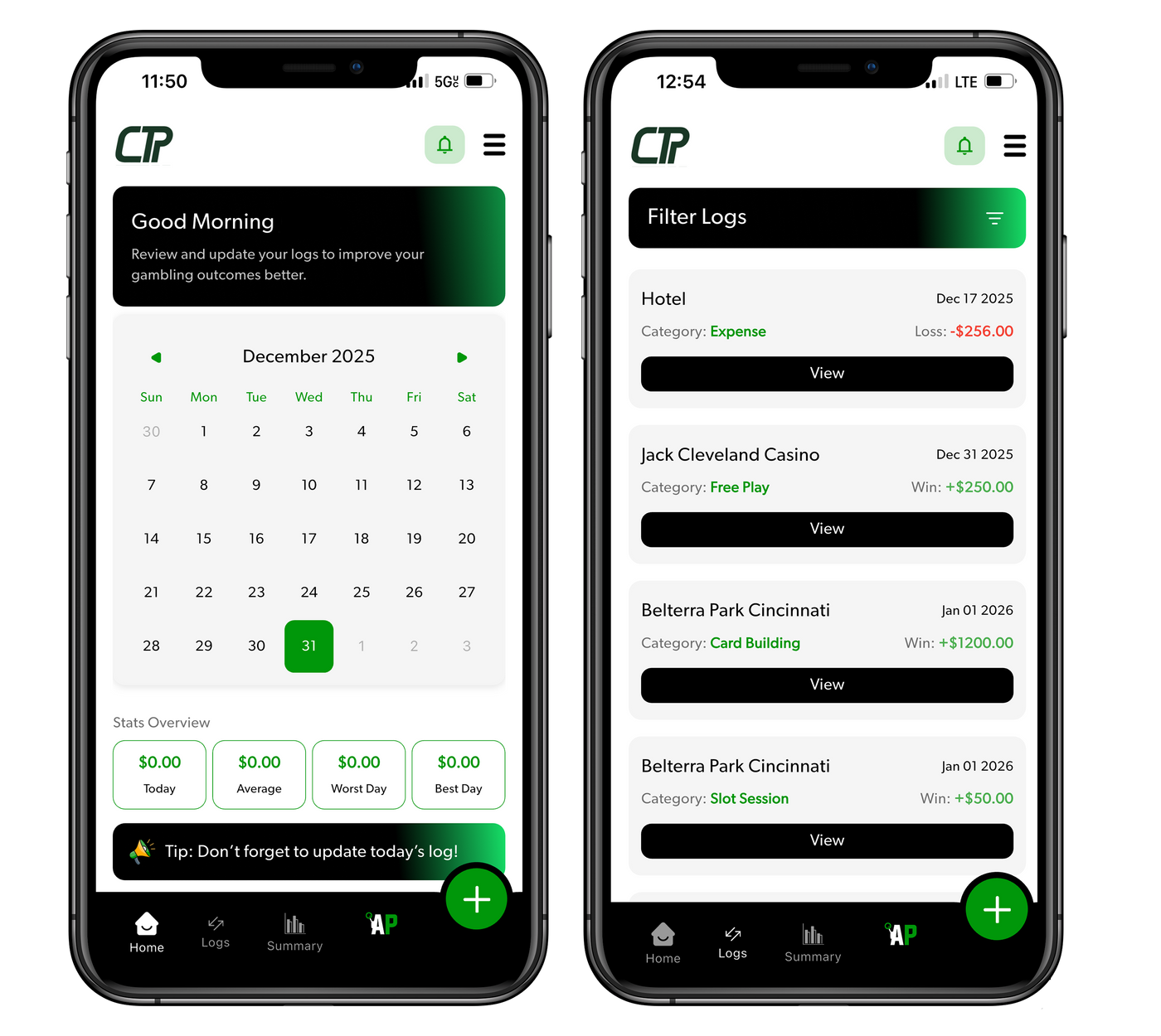 Casino Tracker Pro session tracking interface — log slot play, card building, free play, and expenses
