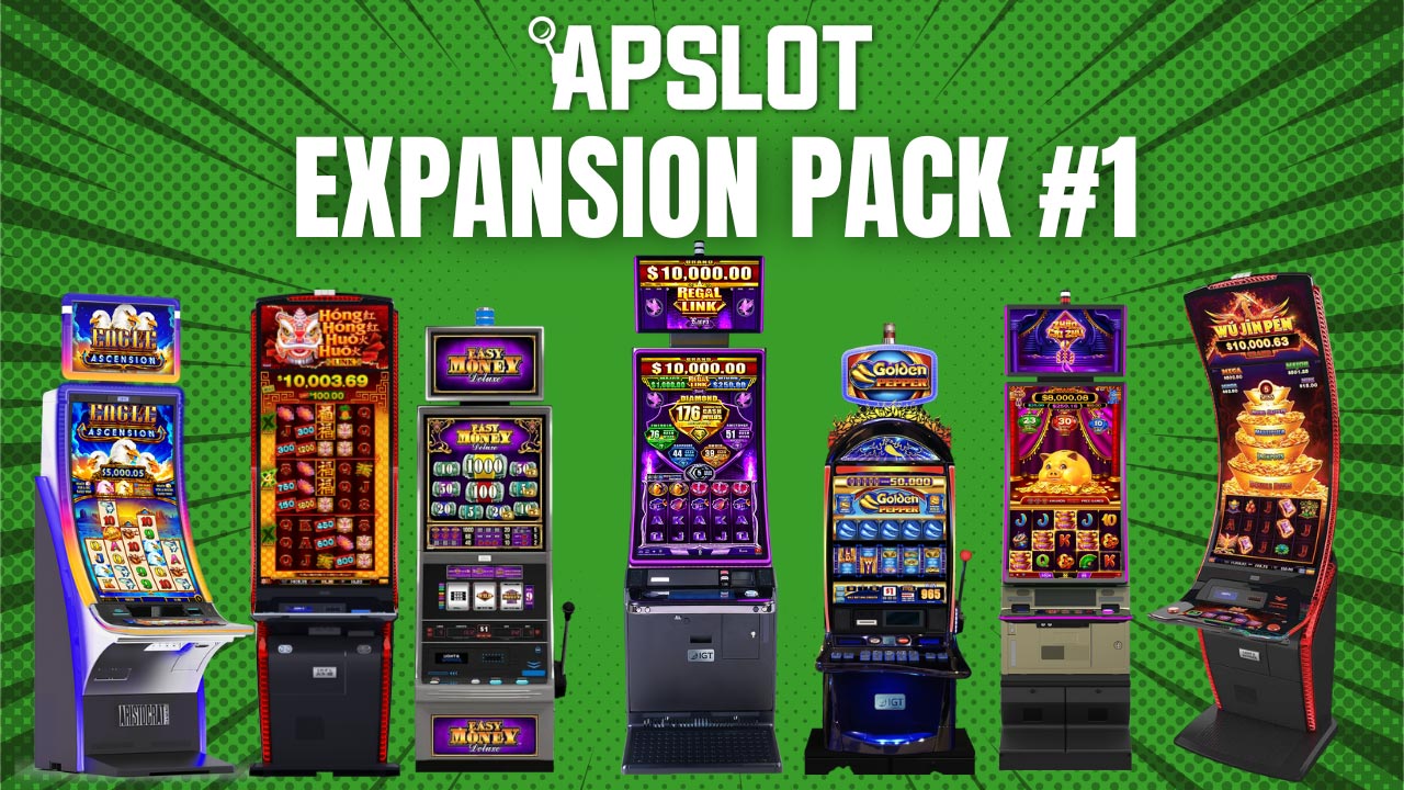 Promotional image of APSLOT slot machine expansion pack with various slot machines on a green background.